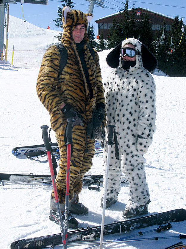 לארוחת צהריים מגיעים לבושים בסטיילץ בחליפות סקי אחת נמר אחת כלב דלמטי